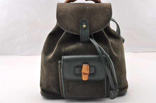 Authentic GUCCI Vintage Bamboo Backpack Purse Suede Leather Green 8554I