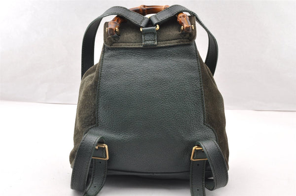 Authentic GUCCI Vintage Bamboo Backpack Purse Suede Leather Green 8554I