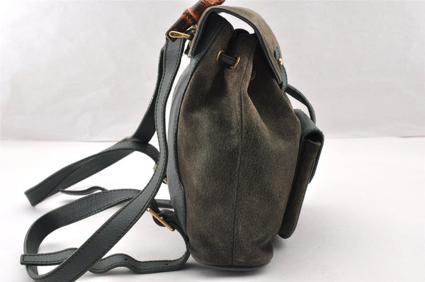 Authentic GUCCI Vintage Bamboo Backpack Purse Suede Leather Green 8554I