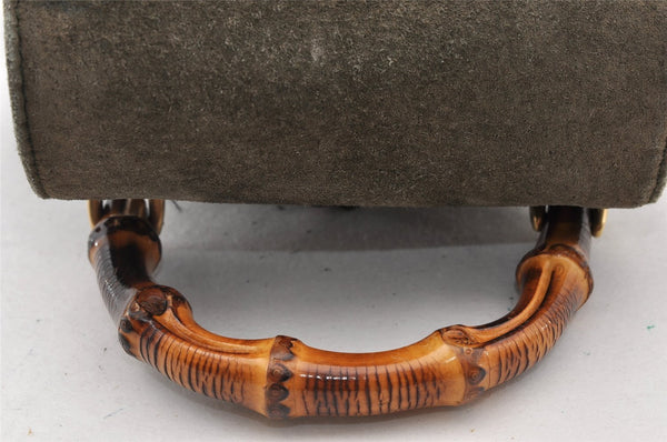 Authentic GUCCI Vintage Bamboo Backpack Purse Suede Leather Green 8554I