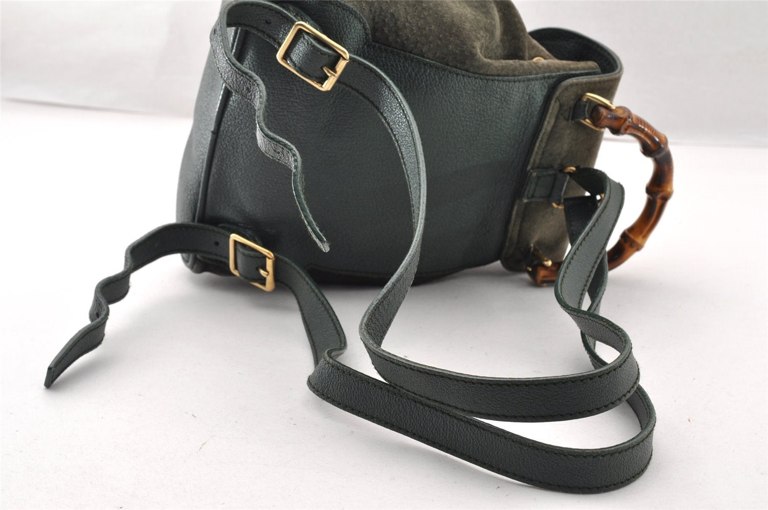 Authentic GUCCI Vintage Bamboo Backpack Purse Suede Leather Green 8554I
