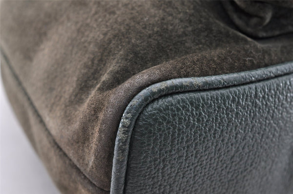 Authentic GUCCI Vintage Bamboo Backpack Purse Suede Leather Green 8554I