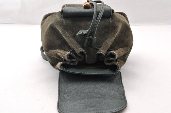 Authentic GUCCI Vintage Bamboo Backpack Purse Suede Leather Green 8554I