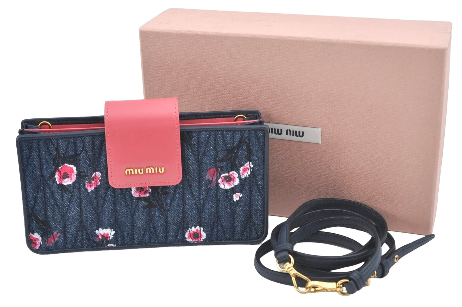 Authentic MIU MIU Denim Leather Shoulder Cross Bag Purse Navy 5ZH042 Box 8559I