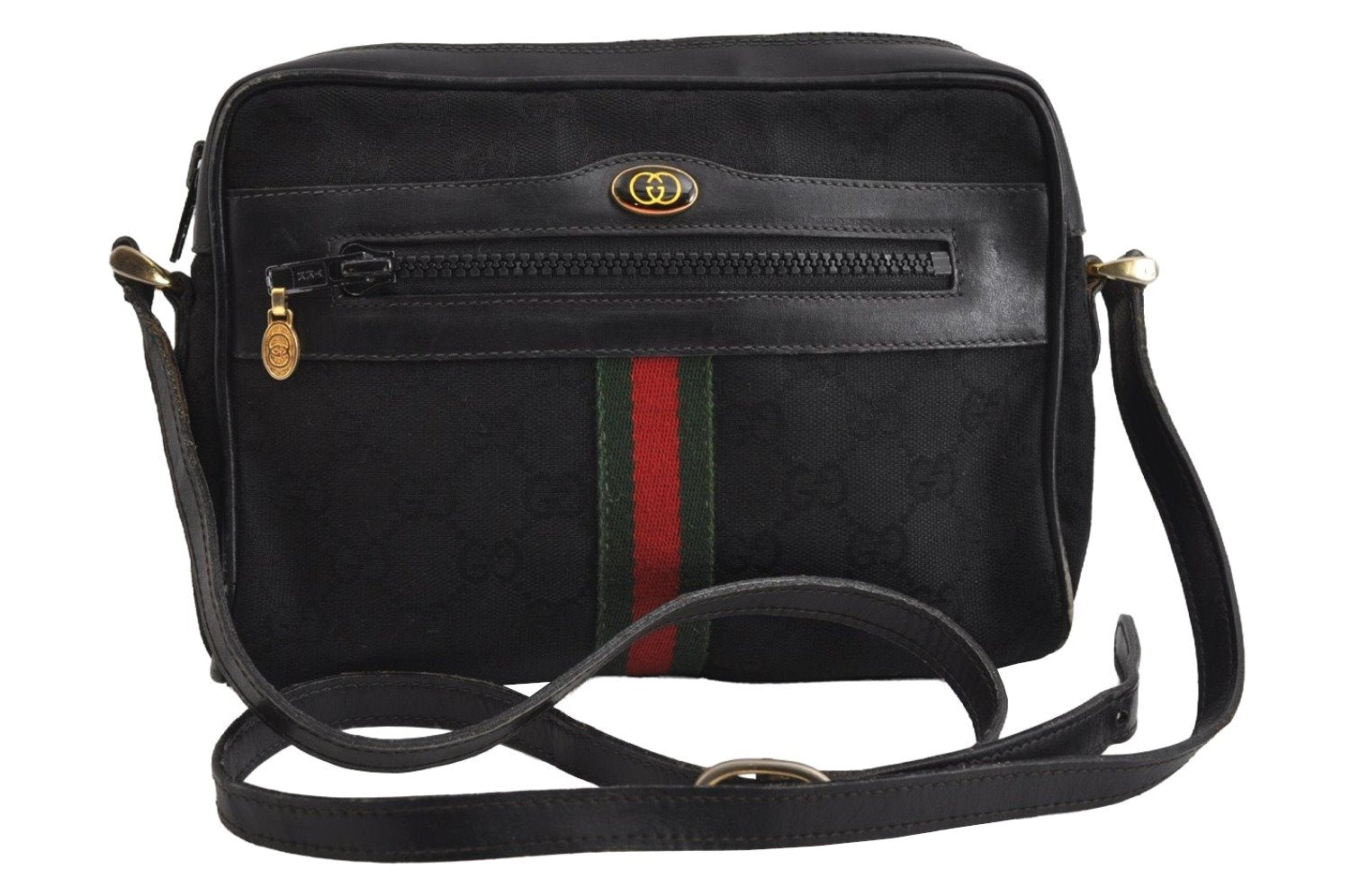 Authentic GUCCI Web Sherry Line Shoulder Cross Bag GG Canvas Leather Black 8560I