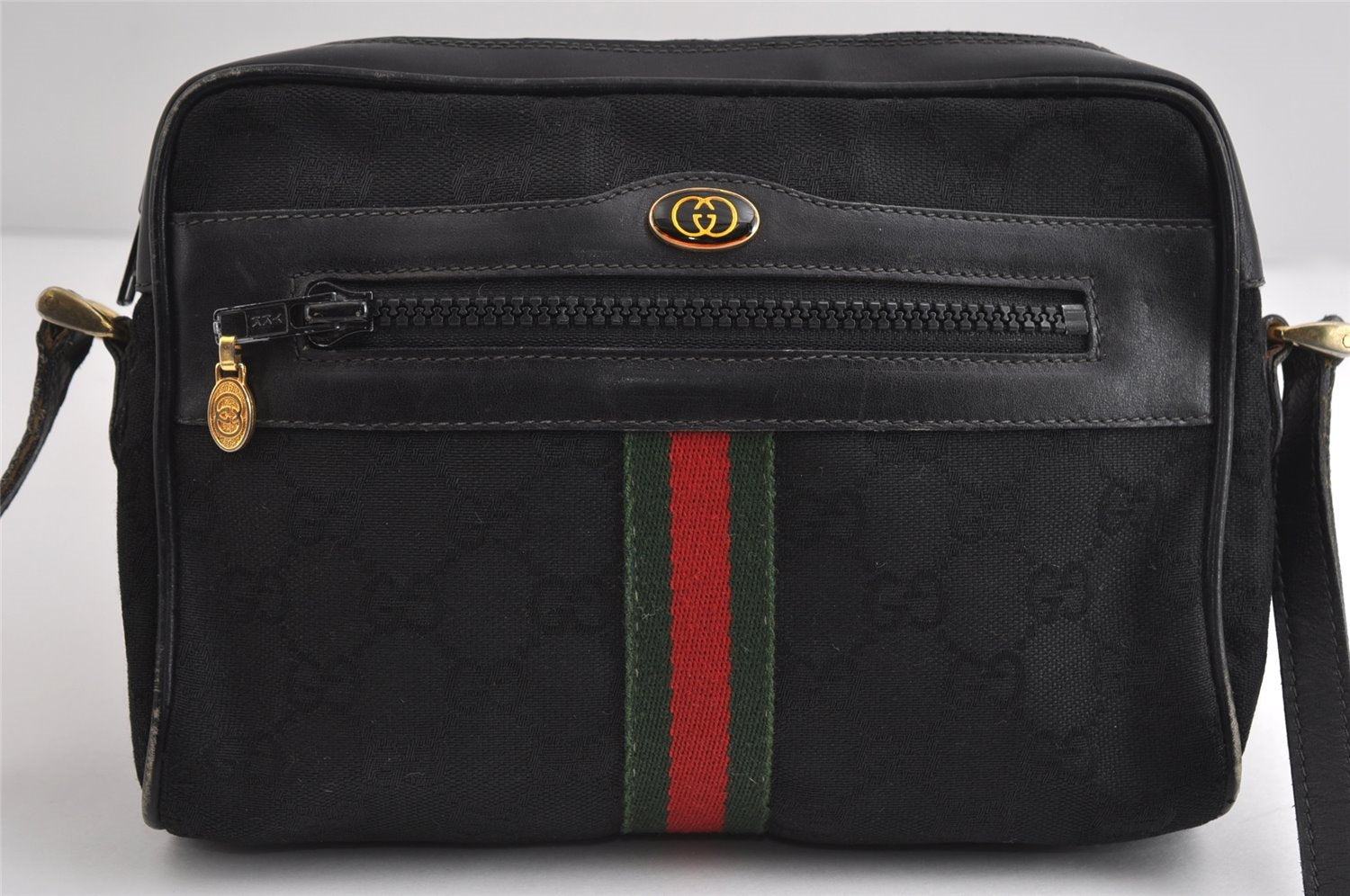 Authentic GUCCI Web Sherry Line Shoulder Cross Bag GG Canvas Leather Black 8560I
