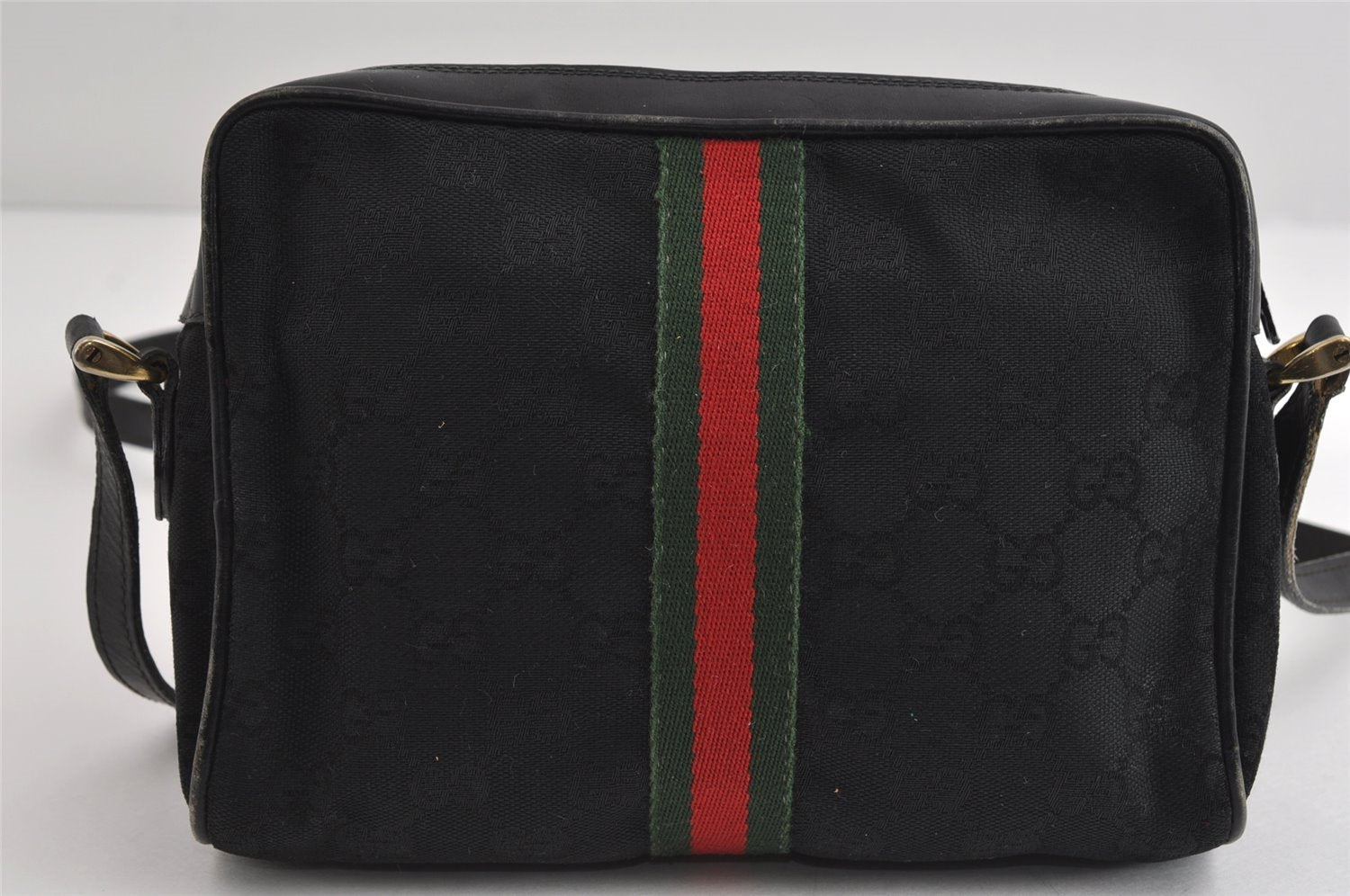 Authentic GUCCI Web Sherry Line Shoulder Cross Bag GG Canvas Leather Black 8560I