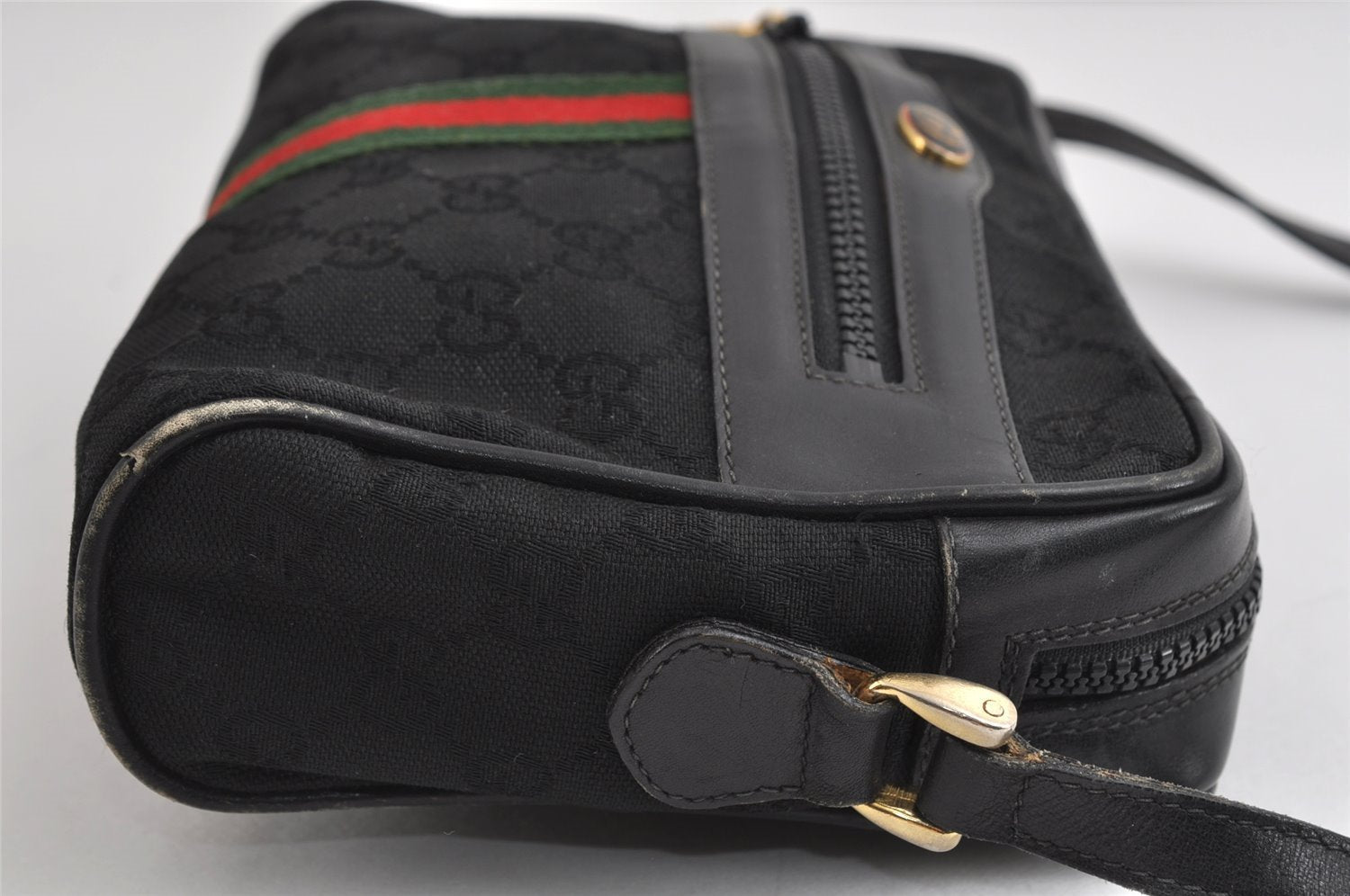 Authentic GUCCI Web Sherry Line Shoulder Cross Bag GG Canvas Leather Black 8560I