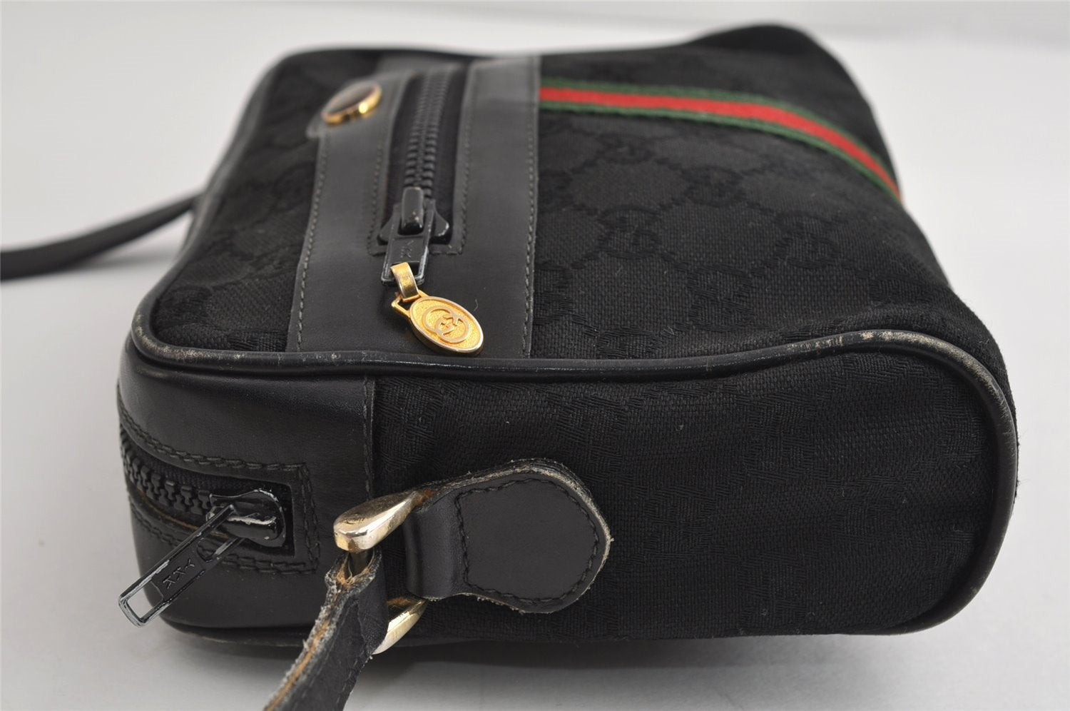 Authentic GUCCI Web Sherry Line Shoulder Cross Bag GG Canvas Leather Black 8560I