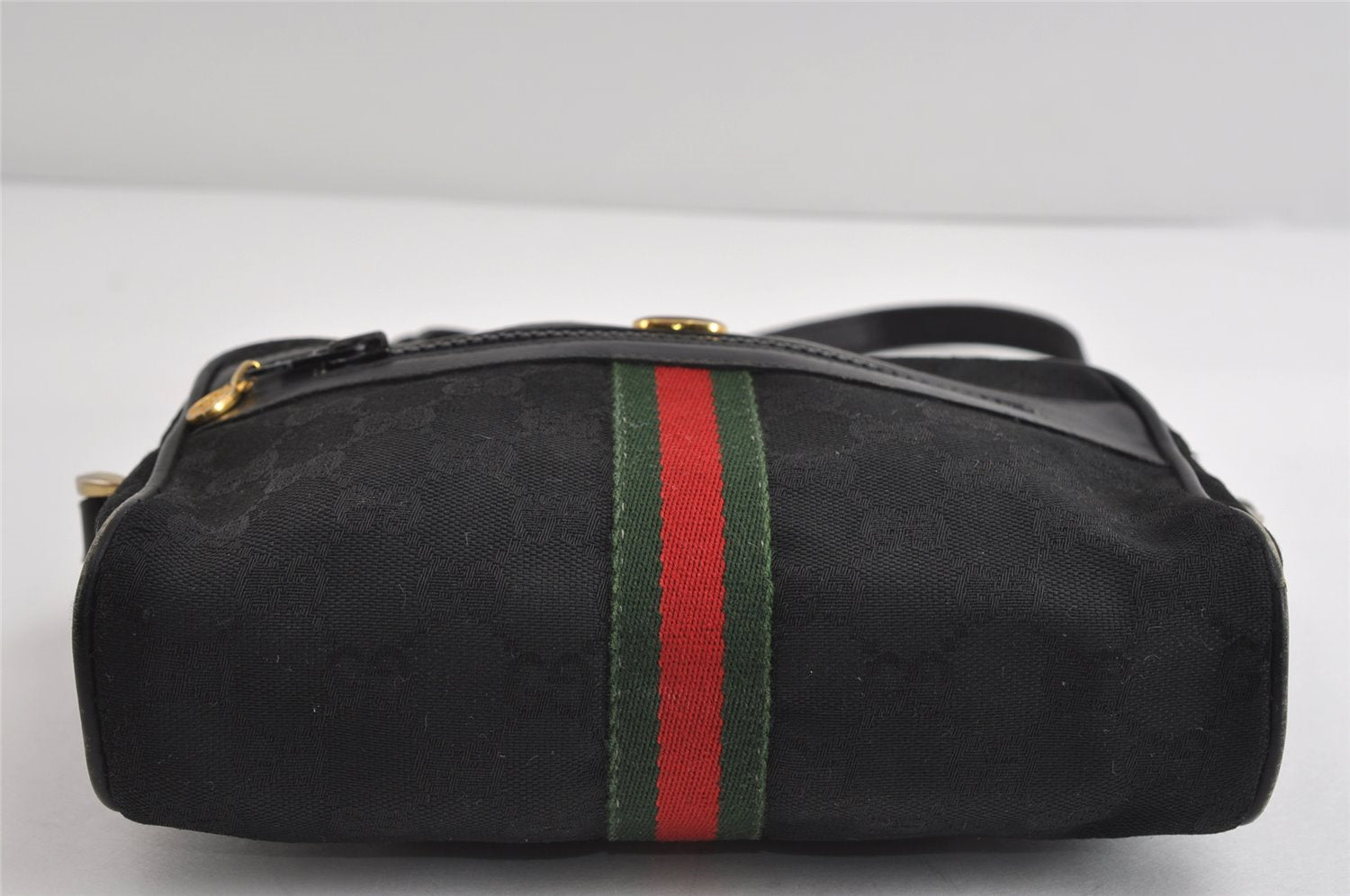 Authentic GUCCI Web Sherry Line Shoulder Cross Bag GG Canvas Leather Black 8560I