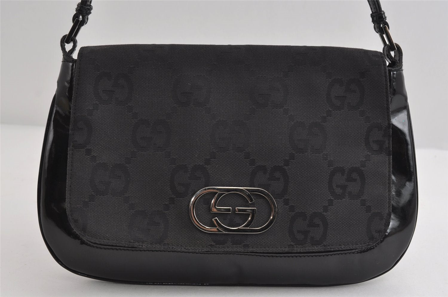 Authentic GUCCI Jumbo GG Shoulder Hand Bag Canvas Enamel 0013823 Black 8563I