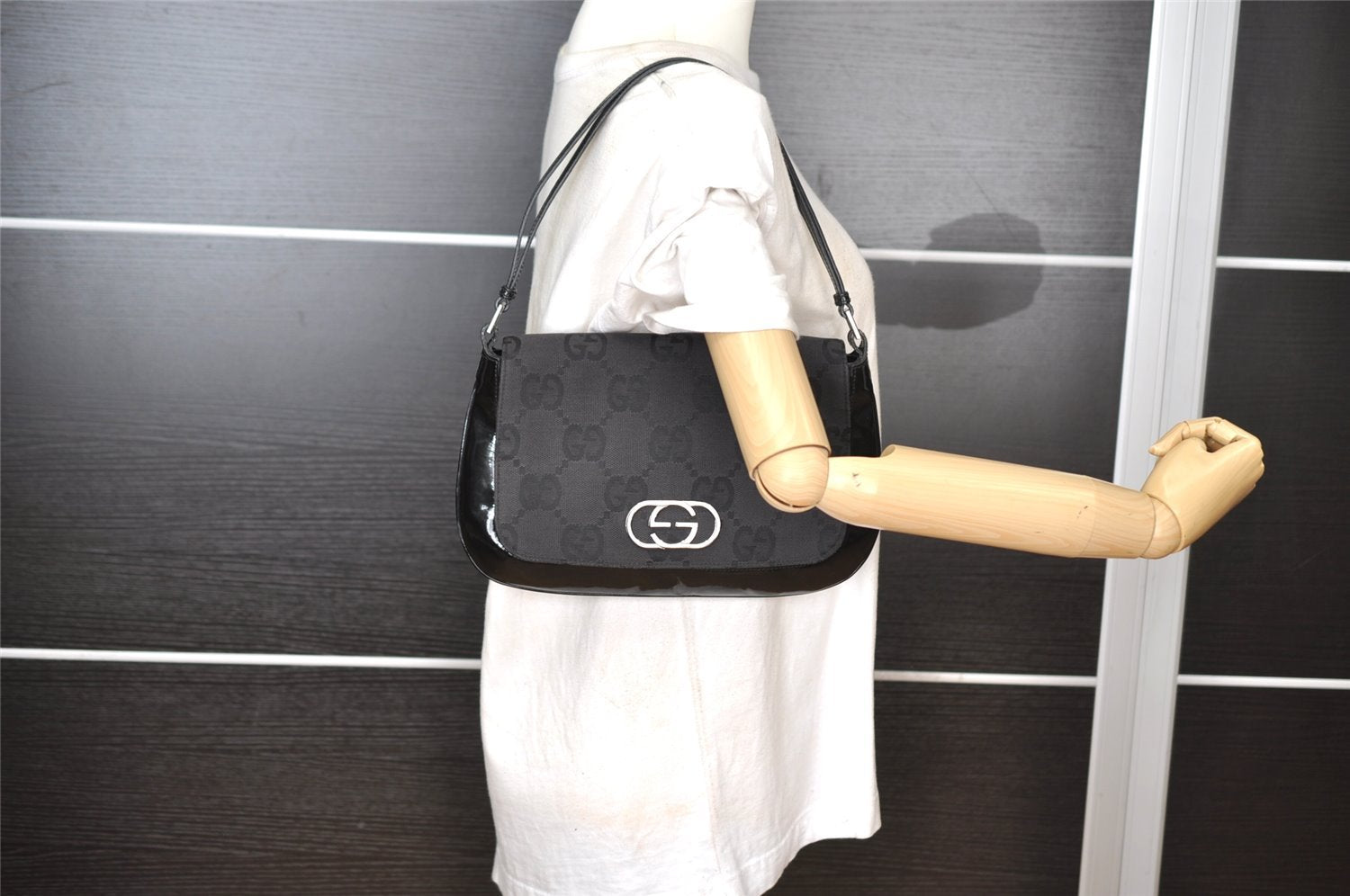 Authentic GUCCI Jumbo GG Shoulder Hand Bag Canvas Enamel 0013823 Black 8563I