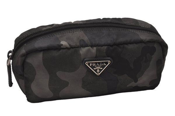 Authentic PRADA Camouflage Nylon Tessuto Saffiano Leather Pouch Black 8565I