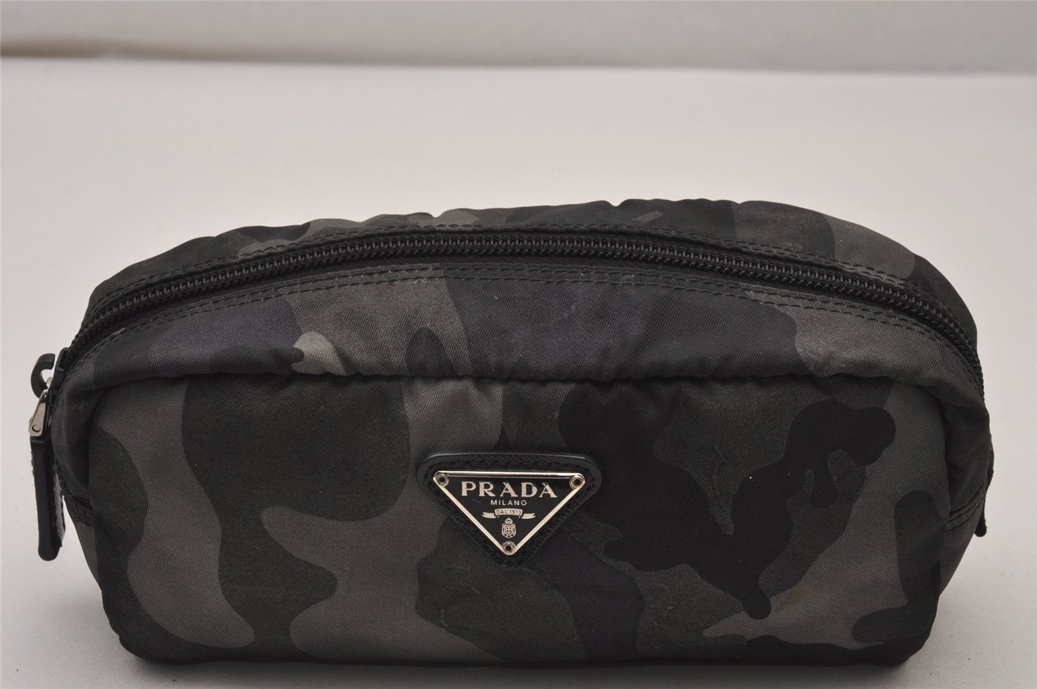 Authentic PRADA Camouflage Nylon Tessuto Saffiano Leather Pouch Black 8565I