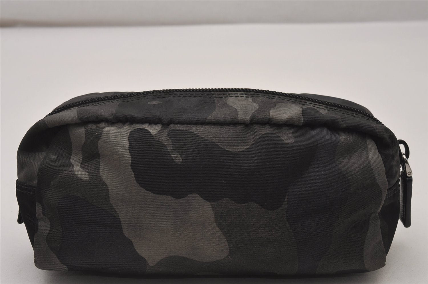 Authentic PRADA Camouflage Nylon Tessuto Saffiano Leather Pouch Black 8565I