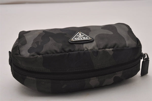 Authentic PRADA Camouflage Nylon Tessuto Saffiano Leather Pouch Black 8565I