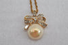 Auth NINA RICCI Imitation Pearl Rhinestone Chain Pendant Necklace Gold 8566J