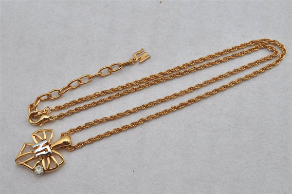 Authentic NINA RICCI Gold Tone Rhinestone Ribbon Chain Pendant Necklace 8567J