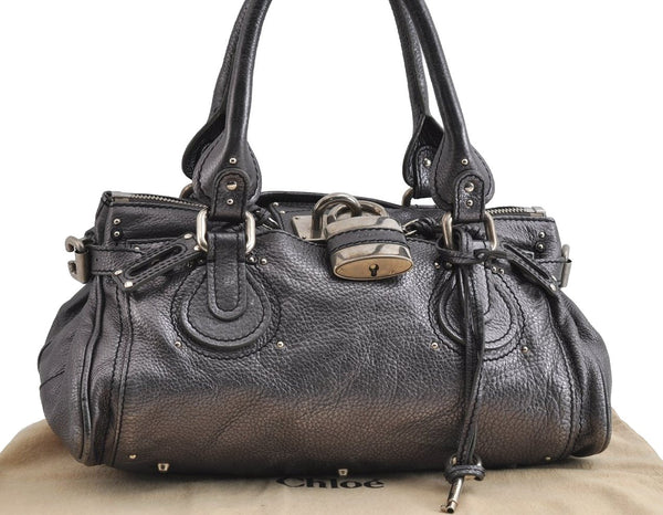 Authentic Chloe Vintage Paddington Leather Shoulder Hand Bag Metallic Gray 8568I