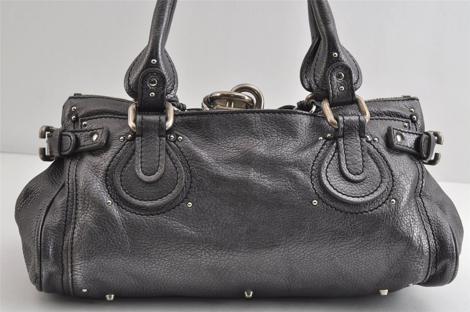 Authentic Chloe Vintage Paddington Leather Shoulder Hand Bag Metallic Gray 8568I