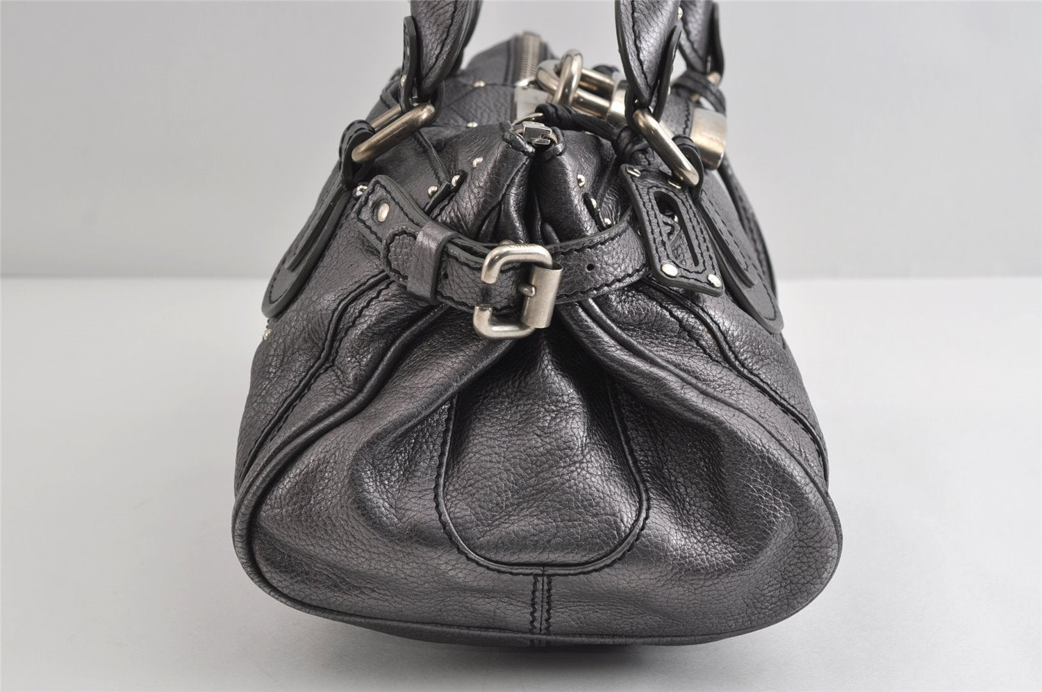 Authentic Chloe Vintage Paddington Leather Shoulder Hand Bag Metallic Gray 8568I