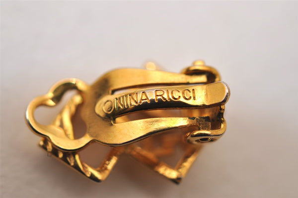 Authentic NINA RICCI Vintage Clip-on Logo Motif Earrings Accessory Gold 8568J