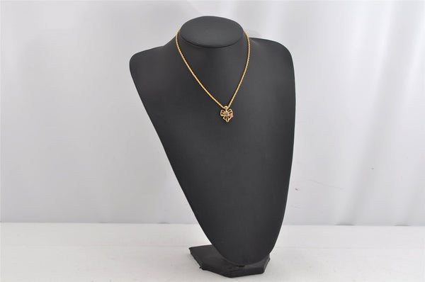 Authentic NINA RICCI Vintage Rhinestone Ribbon Chain Pendant Necklace Gold 8570J