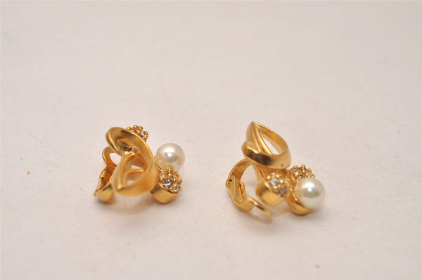 Authentic NINA RICCI Clip-on Rhinestone Imitation Pearl Earrings Gold 8575J