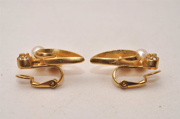 Authentic NINA RICCI Clip-on Rhinestone Imitation Pearl Earrings Gold 8575J