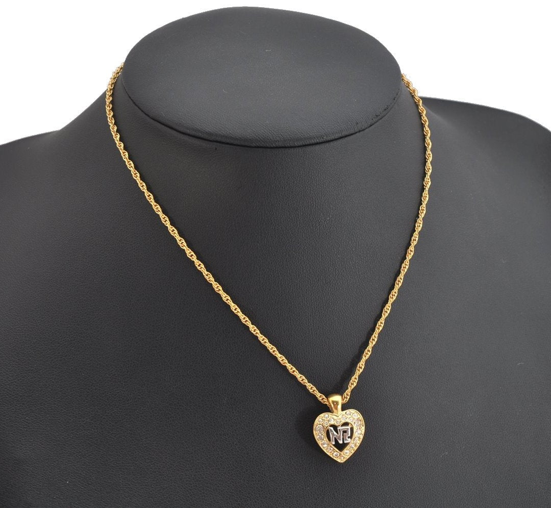 Authentic NINA RICCI Gold Tone Rhinestone Heart Chain Pendant Necklace  8576J