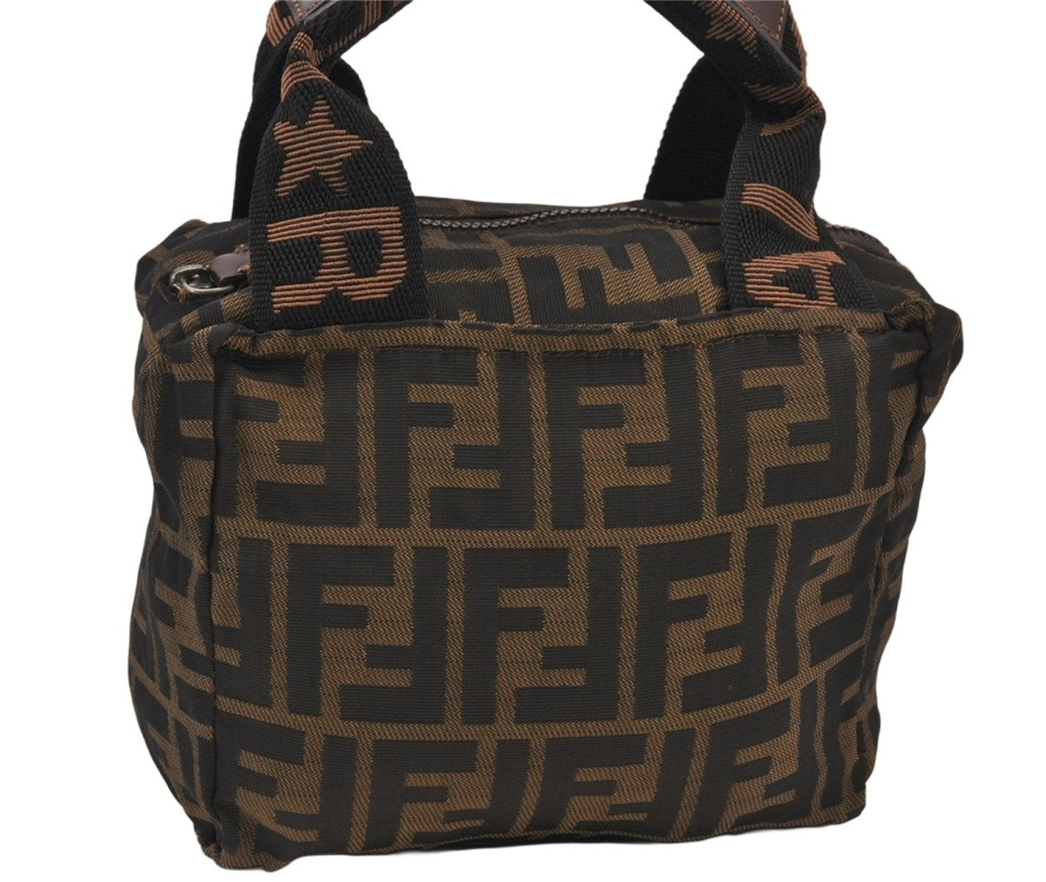 Authentic FENDI Zucca Vintage Hand Bag Purse Nylon Leather Brown 8576M