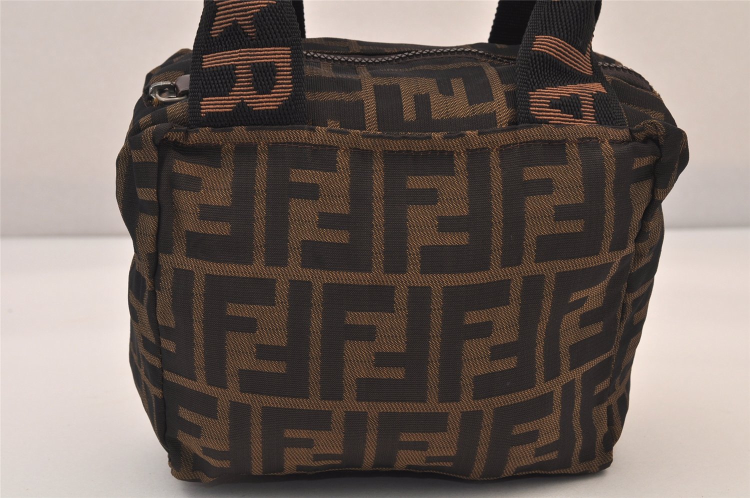 Authentic FENDI Zucca Vintage Hand Bag Purse Nylon Leather Brown 8576M