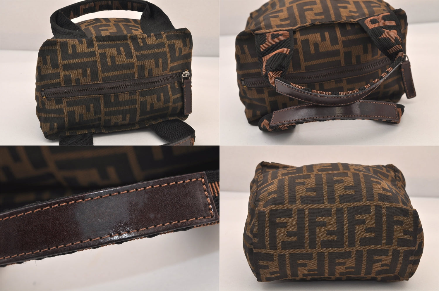 Authentic FENDI Zucca Vintage Hand Bag Purse Nylon Leather Brown 8576M