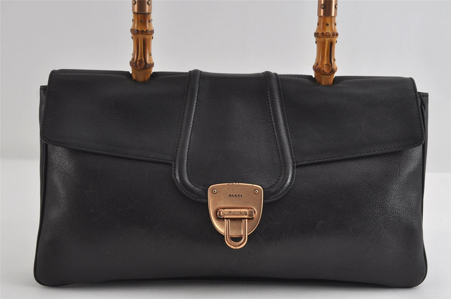 Authentic GUCCI Bamboo Vintage Shoulder Hand Bag Leather 124248 Black 8581I