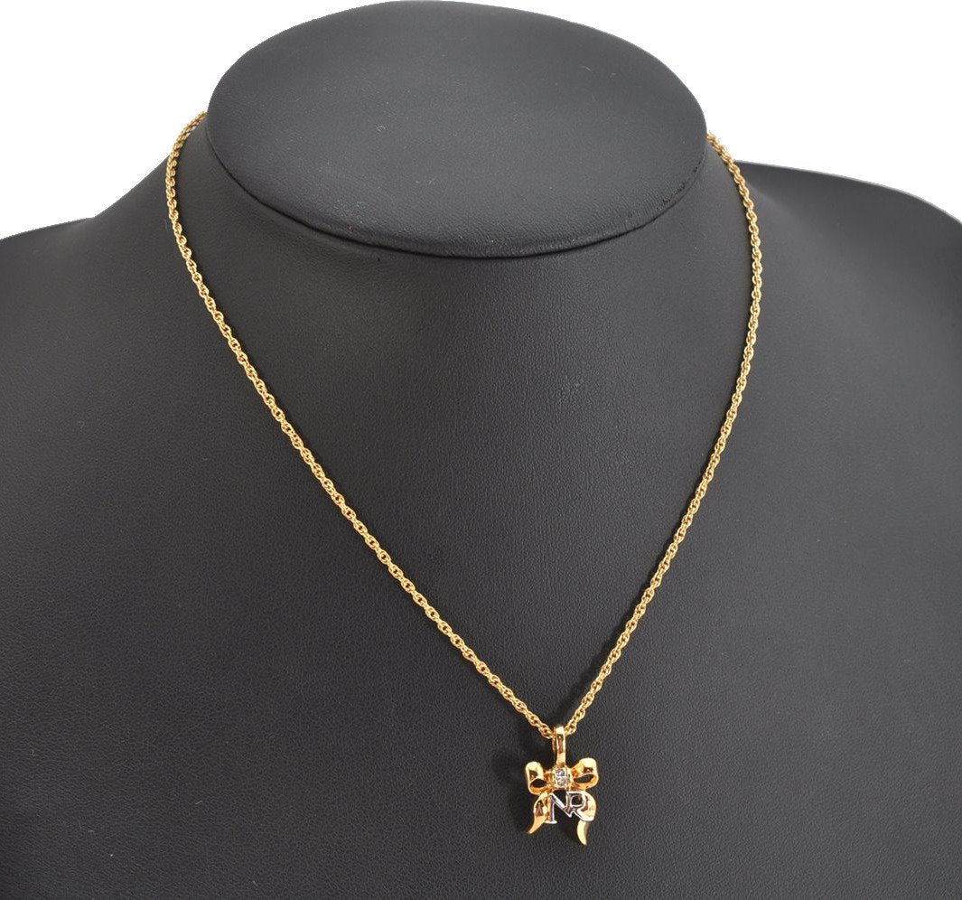 Authentic NINA RICCI Gold Tone Ribbon Rhinestone Chain Pendant Necklace  8586J