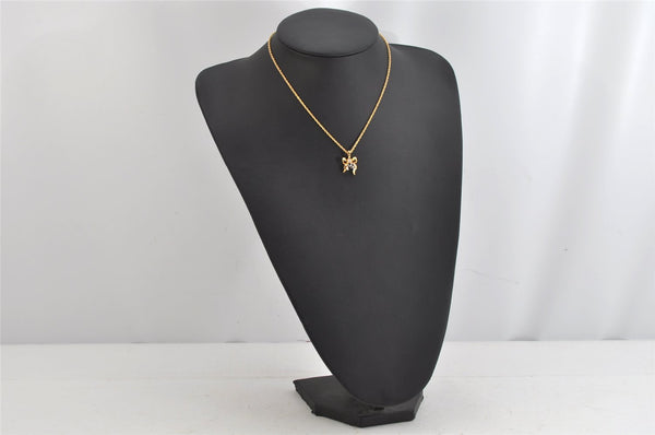 Authentic NINA RICCI Gold Tone Ribbon Rhinestone Chain Pendant Necklace  8586J