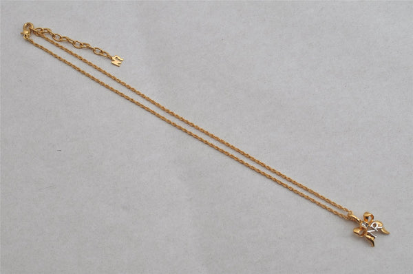 Authentic NINA RICCI Gold Tone Ribbon Rhinestone Chain Pendant Necklace  8586J