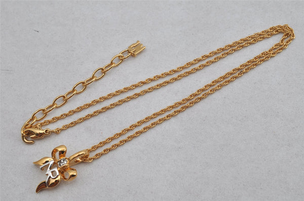 Authentic NINA RICCI Gold Tone Ribbon Rhinestone Chain Pendant Necklace  8586J