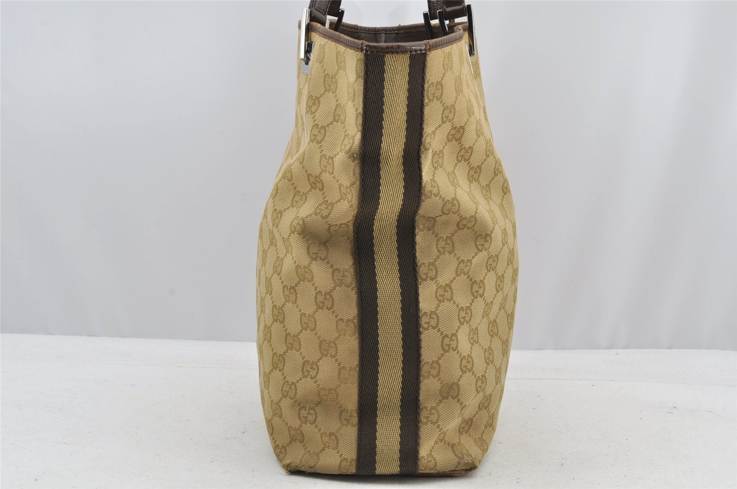 Authentic GUCCI Sherry Line Shoulder Tote Bag GG Canvas Leather Beige Junk 8590I