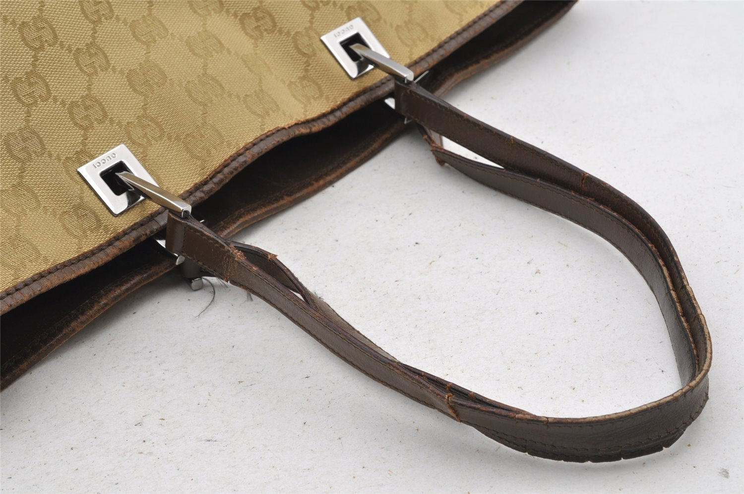 Authentic GUCCI Sherry Line Shoulder Tote Bag GG Canvas Leather Beige Junk 8590I