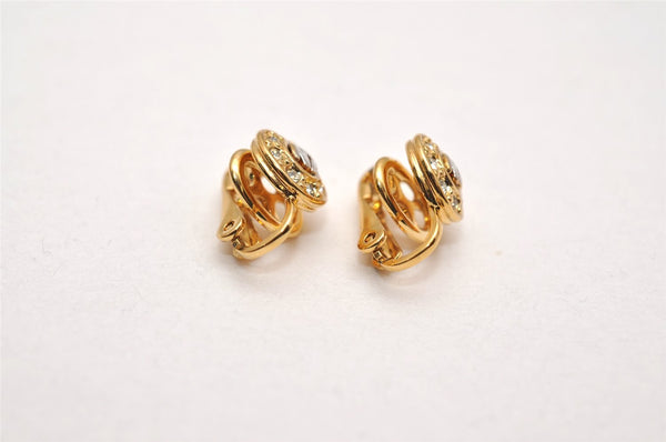 Authentic NINA RICCI Vintage Clip-on Rhinestone Earrings Gold Tone 8590J