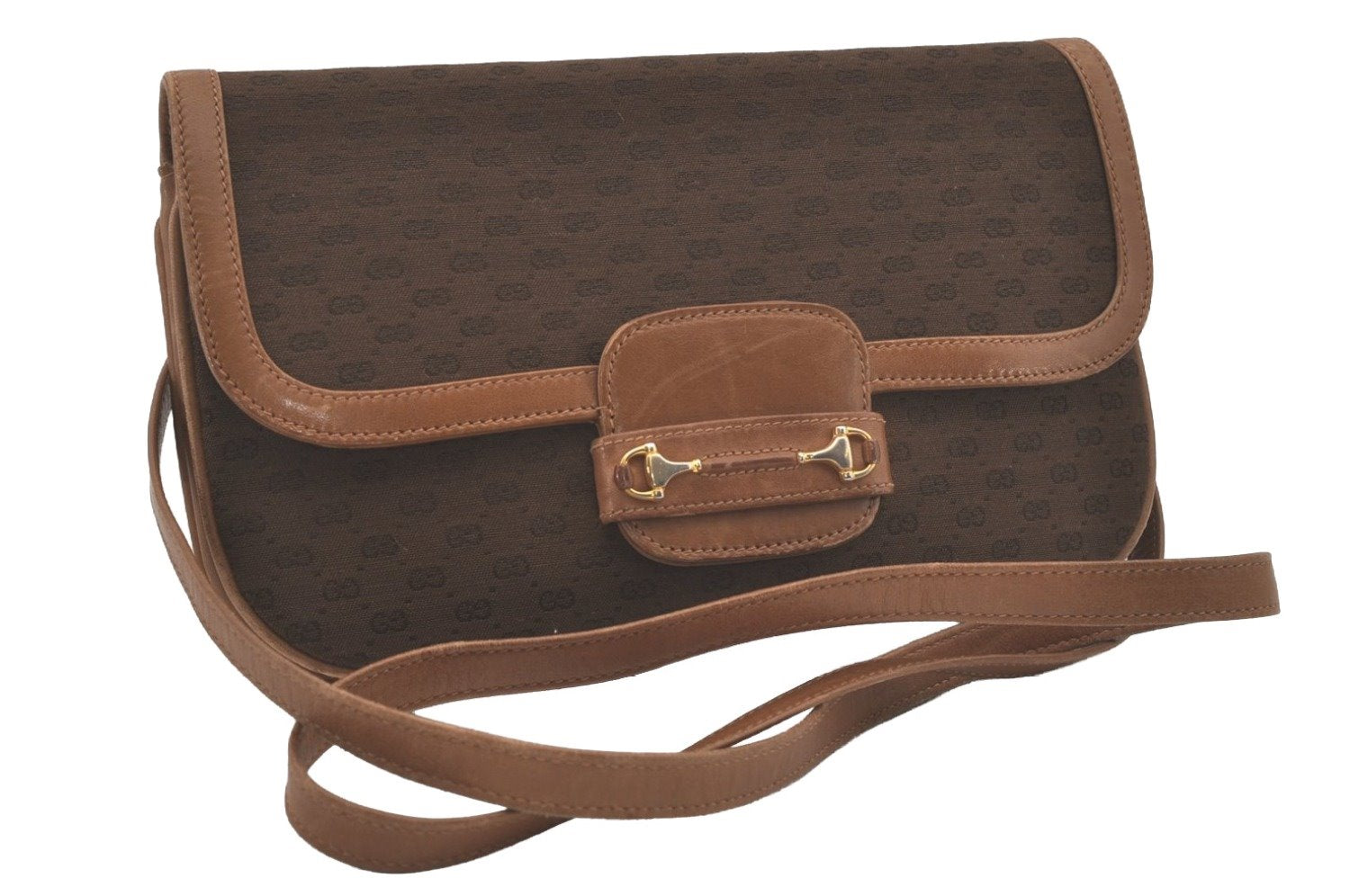 Authentic GUCCI Horsebit Micro GG Canvas Leather Shoulder Bag Brown Junk 8591I