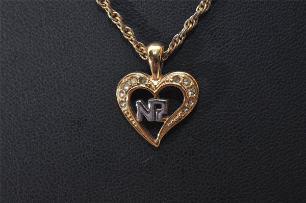 Authentic NINA RICCI Gold Tone Rhinestone Heart Chain Pendant Necklace  8596J