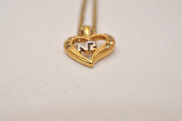 Authentic NINA RICCI Gold Tone Rhinestone Heart Chain Pendant Necklace  8596J