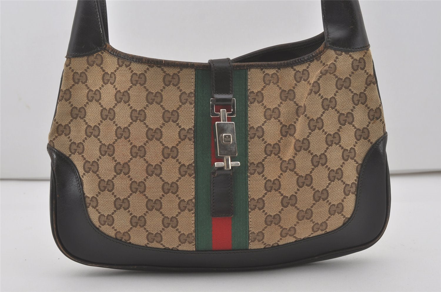 Authentic GUCCI Web Sherry Line Jackie Shoulder Bag Canvas Leather Brown 8597I