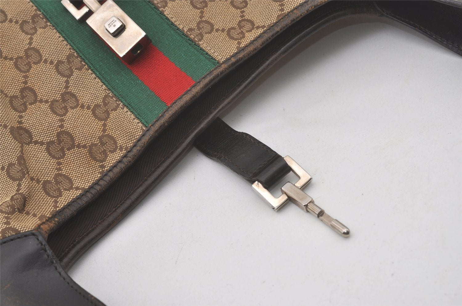Authentic GUCCI Web Sherry Line Jackie Shoulder Bag Canvas Leather Brown 8597I