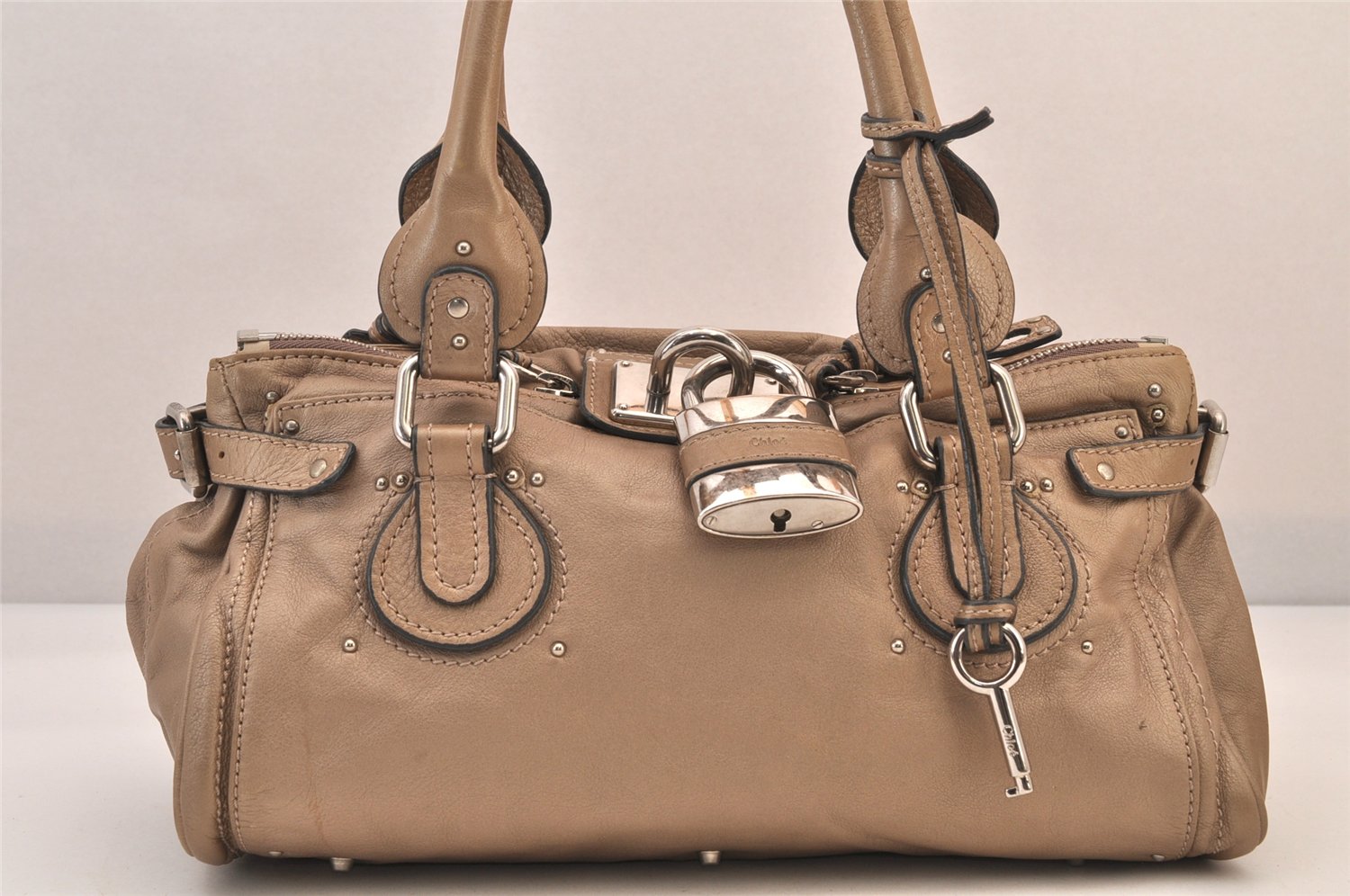 Authentic Chloe Paddington Vintage Leather Shoulder Hand Bag Beige 8598M