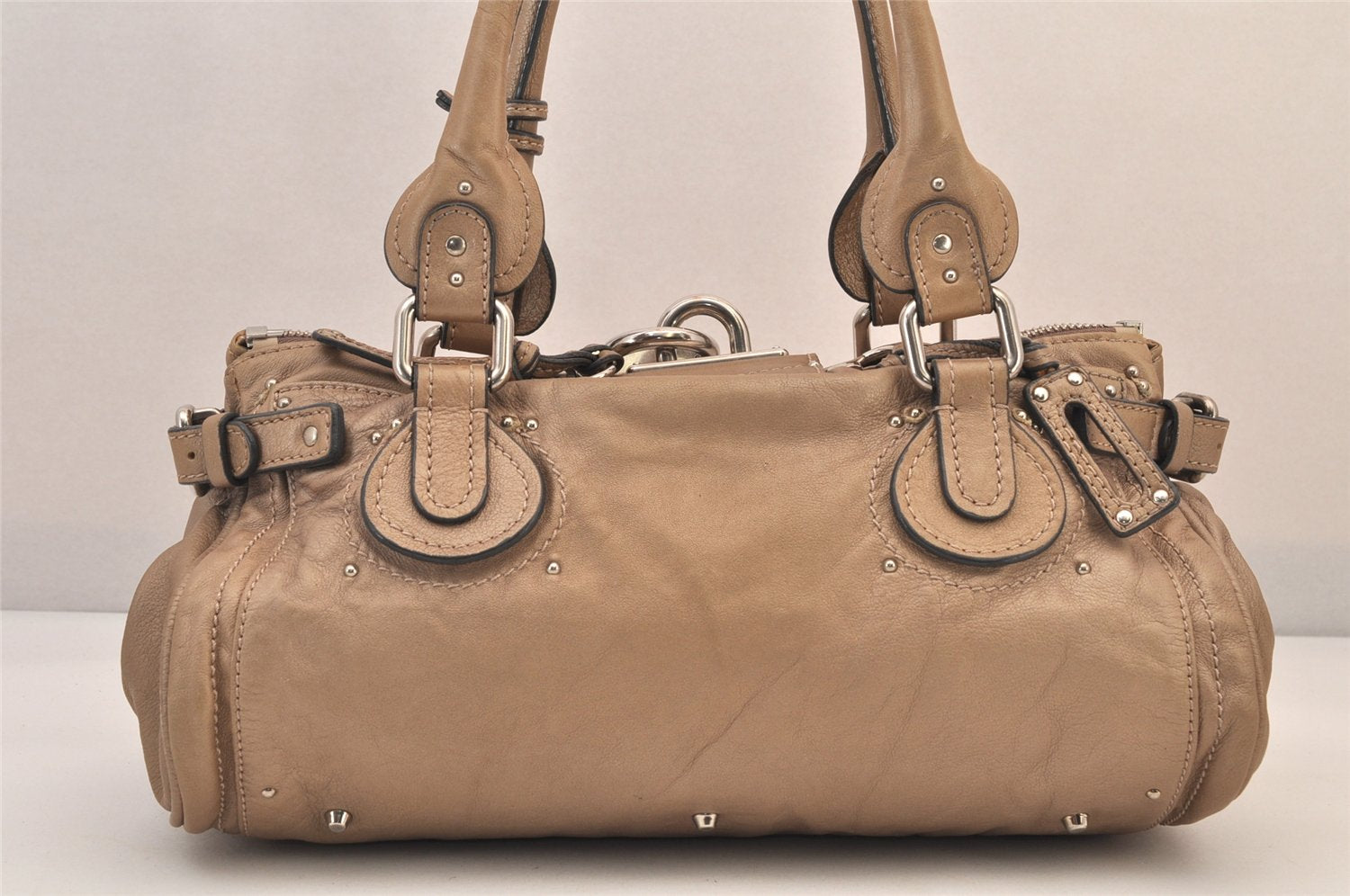 Authentic Chloe Paddington Vintage Leather Shoulder Hand Bag Beige 8598M