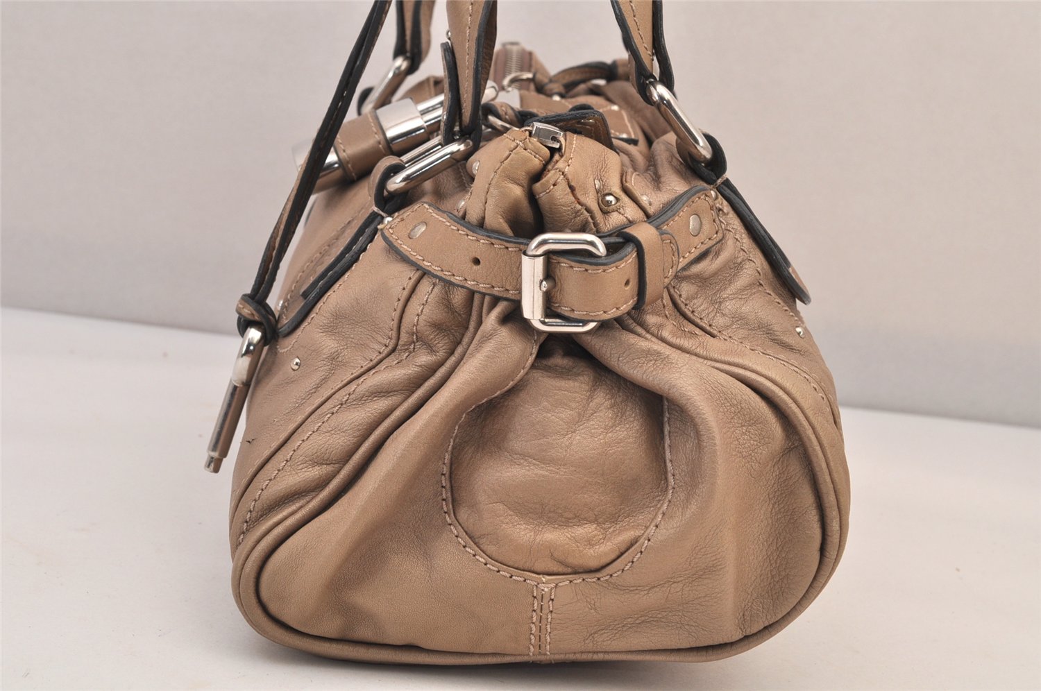 Authentic Chloe Paddington Vintage Leather Shoulder Hand Bag Beige 8598M