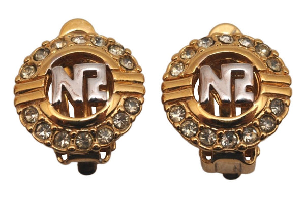 Authentic NINA RICCI Vintage Clip-on Rhinestone Earrings Gold Tone 8599J